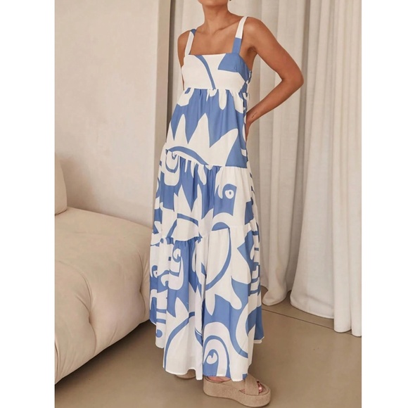 Blue on White Printed Maxi Dress Square Neck Sleeveless - Picture 5 of 11